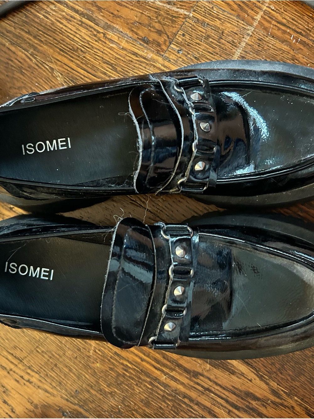 Black Patent Platform Loafers with Stud Accent